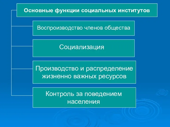 Основные функции социальных институтов Воспроизводство членов общества Социализация Производство и