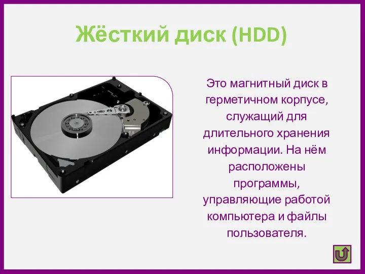 Жёсткий диск (HDD) Это магнитный диск в герметичном корпусе, служащий