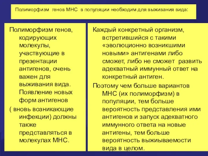 Полиморфизм генов МНС в популяции необходим для выживания вида: Полиморфизм генов, кодирующих молекулы,