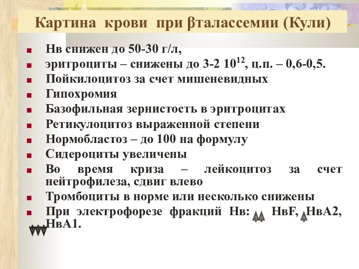 Картина крови при βталассемии (Кули) Нв снижен до 50-30 г/л,