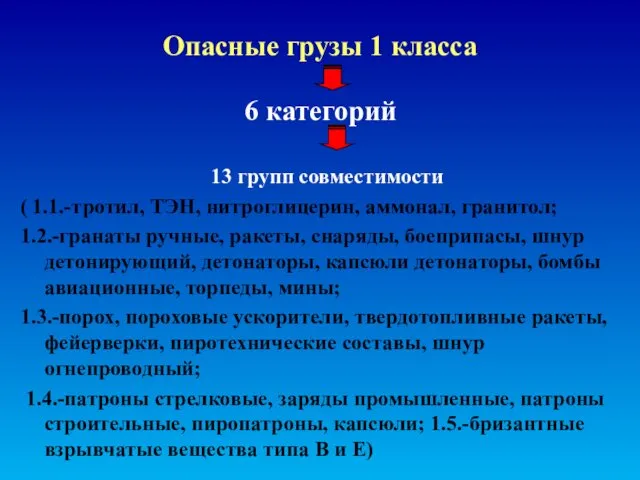 Опасные грузы 1 класса 6 категорий 13 групп совместимости (