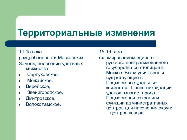 Территориальные изменения 14-15 века: раздробленности Московских Земель, появление удельных княжества: