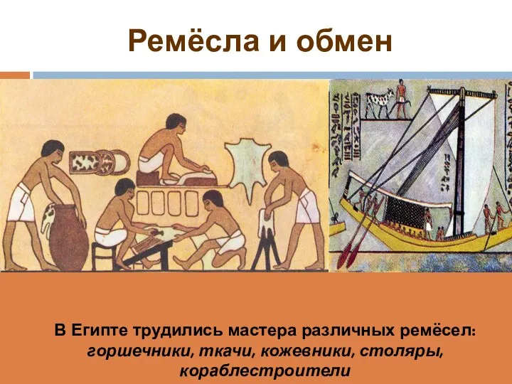 Ремёсла и обмен В Египте трудились мастера различных ремёсел: горшечники, ткачи, кожевники, столяры, кораблестроители