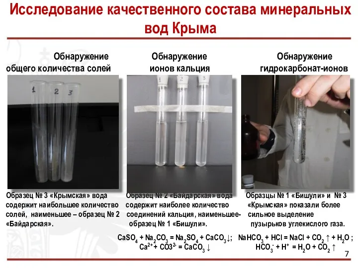 Исследование качественного состава минеральных вод Крыма Обнаружение Обнаружение Обнаружение общего