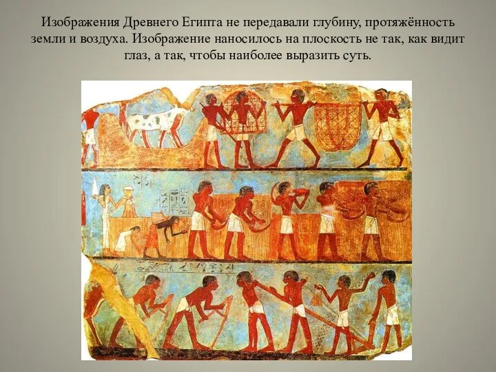 Изображения Древнего Египта не передавали глубину, протяжённость земли и воздуха. Изображение наносилось на