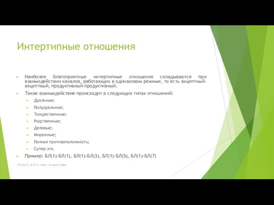 Интертипные отношения Наиболее благоприятные интертипные отношения складываются при взаимодействии каналов,