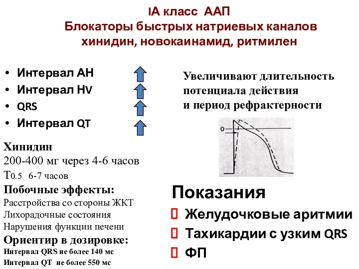 IА класс ААП Блокаторы быстрых натриевых каналов хинидин, новокаинамид, ритмилен