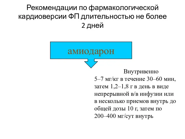 Рекомендации по фармакологической кардиоверсии ФП длительностью не более 2 дней