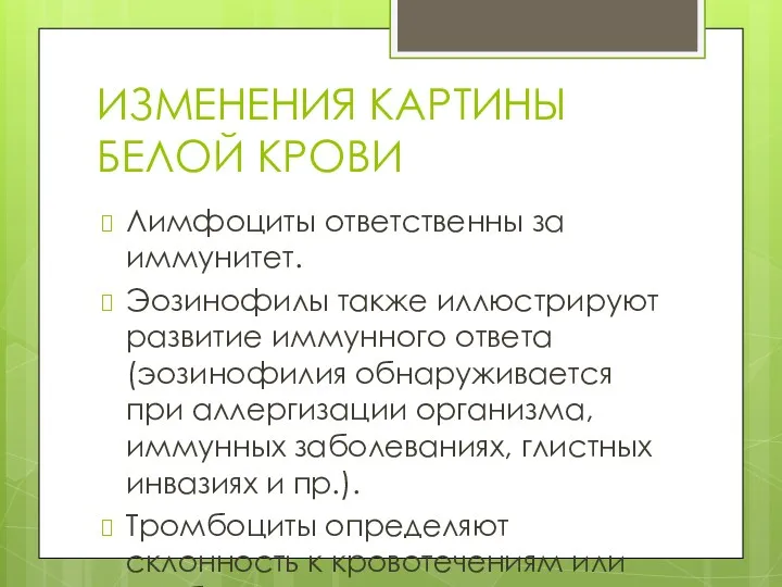 ИЗМЕНЕНИЯ КАРТИНЫ БЕЛОЙ КРОВИ Лимфоциты ответственны за иммунитет. Эозинофилы также