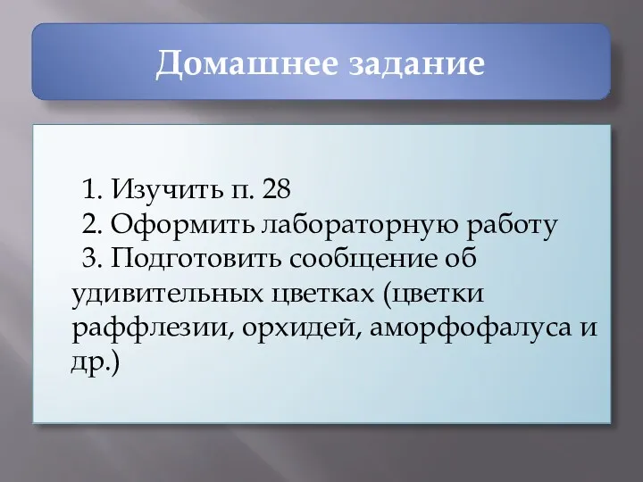 Домашнее задание 1. Изучить п. 28 2. Оформить лабораторную работу 3. Подготовить сообщение