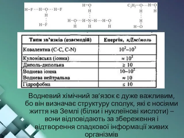Водневий хімічний зв’язок є дуже важливим, бо він визначає структуру