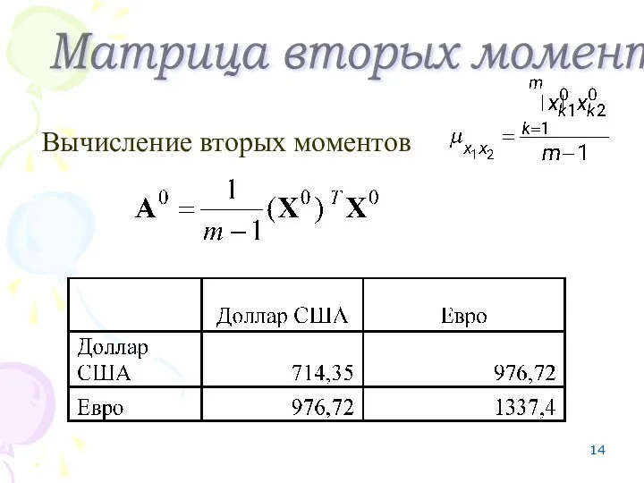 Матрица вторых моментов Вычисление вторых моментов