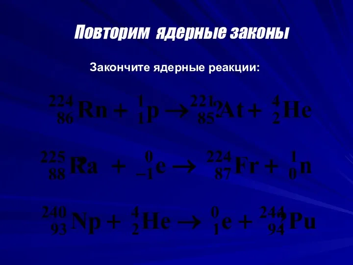 Повторим ядерные законы Закончите ядерные реакции: