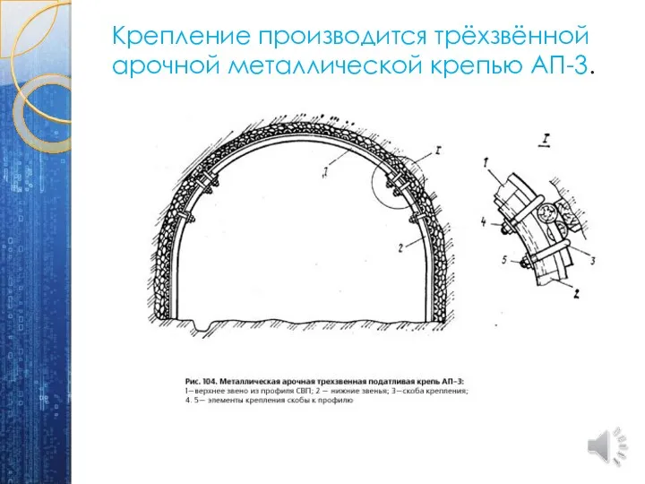 Крепление производится трёхзвённой арочной металлической крепью АП-3.