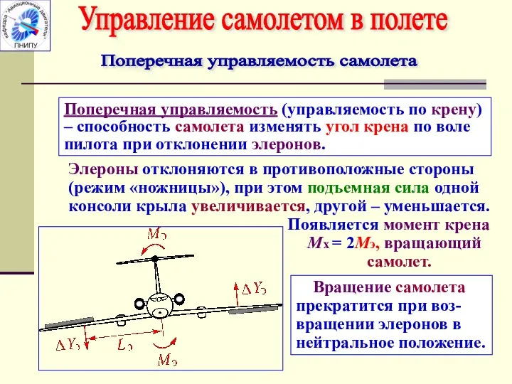 Поперечная управляемость самолета Управление самолетом в полете Поперечная управляемость (управляемость по крену) –