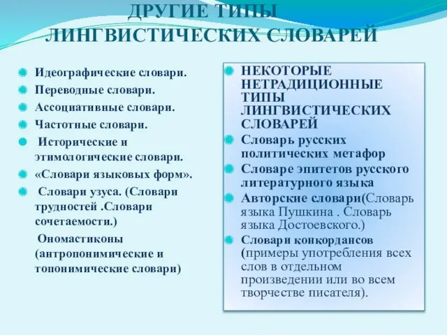 ДРУГИЕ ТИПЫ ЛИНГВИСТИЧЕСКИХ СЛОВАРЕЙ Идеографические словари. Переводные словари. Ассоциативные словари.