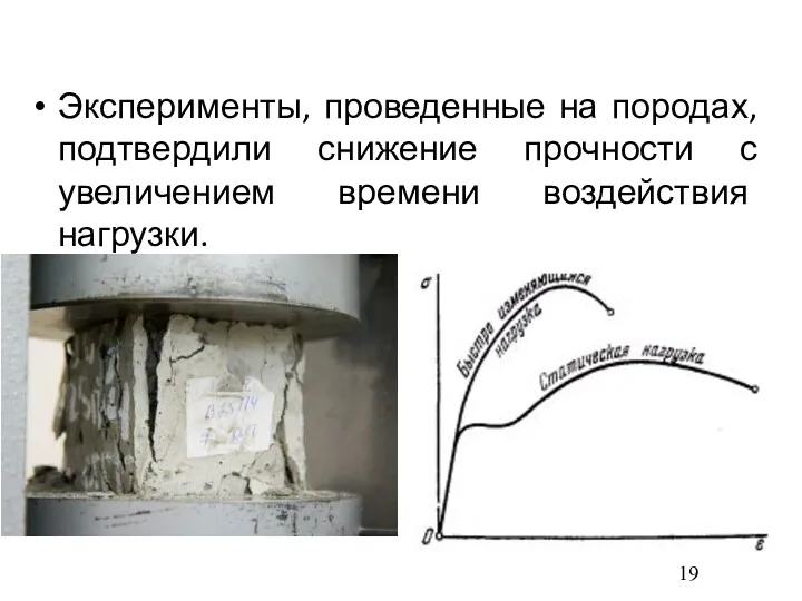 Эксперименты, проведенные на породах, подтвердили снижение прочности с увеличением времени воздействия нагрузки.