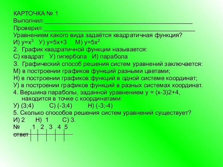 КАРТОЧКА № 1 Выполнил:___________________________________________ Проверил:____________________________________________ Уравнением какого вида задаётся квадратичная