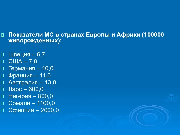 Показатели МС в странах Европы и Африки (100000 живорожденных): Швеция