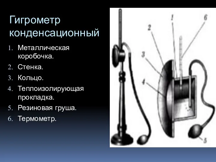 Металлическая коробочка. Стенка. Кольцо. Теплоизолирующая прокладка. Резиновая груша. Термометр. Гигрометр конденсационный