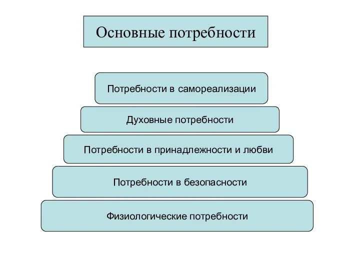 Основные потребности Потребности в самореализации Духовные потребности Потребности в принадлежности