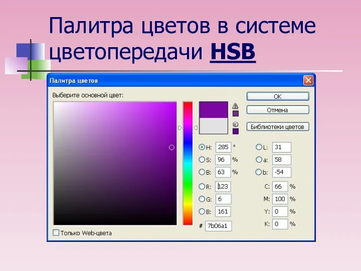 Палитра цветов в системе цветопередачи HSB