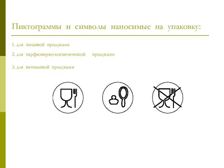 Пиктограммы и символы наносимые на упаковку: 1. для пищевой продукции 2. для парфюмерно-косметической