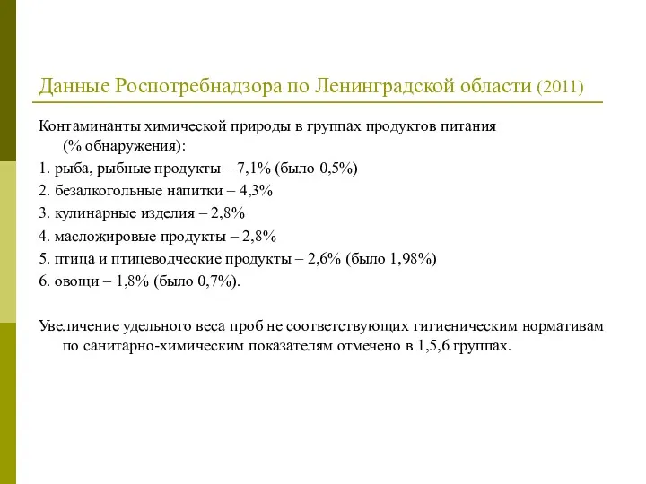 Данные Роспотребнадзора по Ленинградской области (2011) Контаминанты химической природы в группах продуктов питания