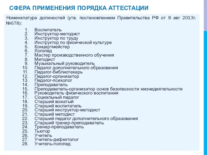 СФЕРА ПРИМЕНЕНИЯ ПОРЯДКА АТТЕСТАЦИИ Номенклатура должностей (утв. постановлением Правительства РФ