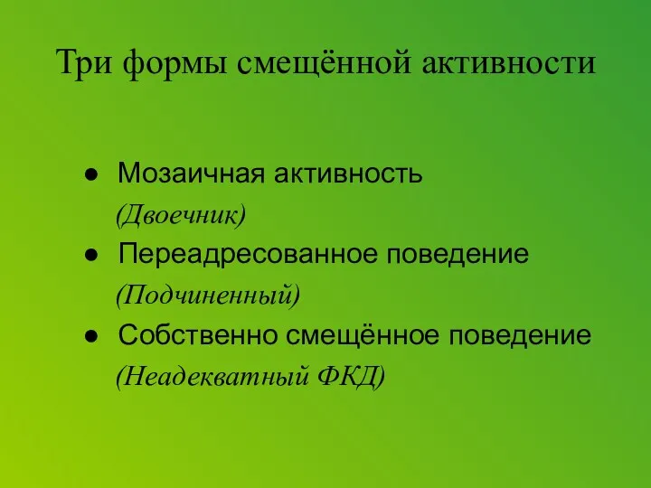 Три формы смещённой активности Мозаичная активность (Двоечник) Переадресованное поведение (Подчиненный) Собственно смещённое поведение (Неадекватный ФКД)