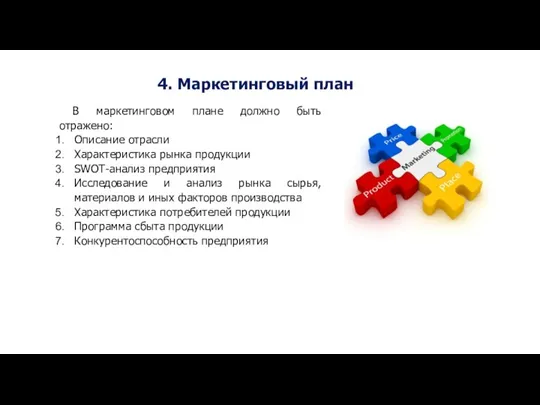 В маркетинговом плане должно быть отражено: Описание отрасли Характеристика рынка