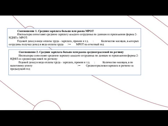 Соотношение 1. Средняя зарплата больше или равна МРОТ Инспекторы сопоставят