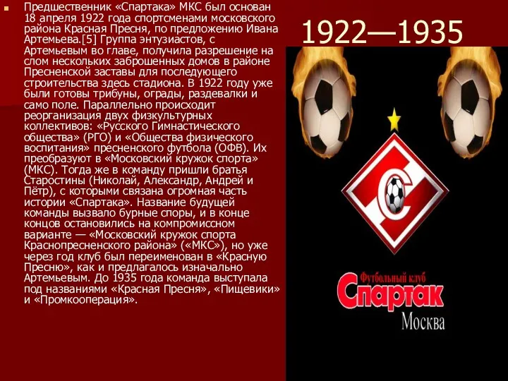 1922—1935 Предшественник «Спартака» МКС был основан 18 апреля 1922 года