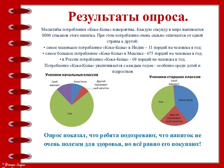 Результаты опроса. Масштабы потребления «Кока-Колы» невероятны. Каждую секунду в мире