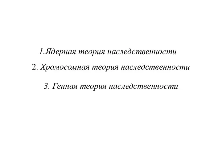 Ядерная теория наследственности 2. Хромосомная теория наследственности 3. Генная теория наследственности