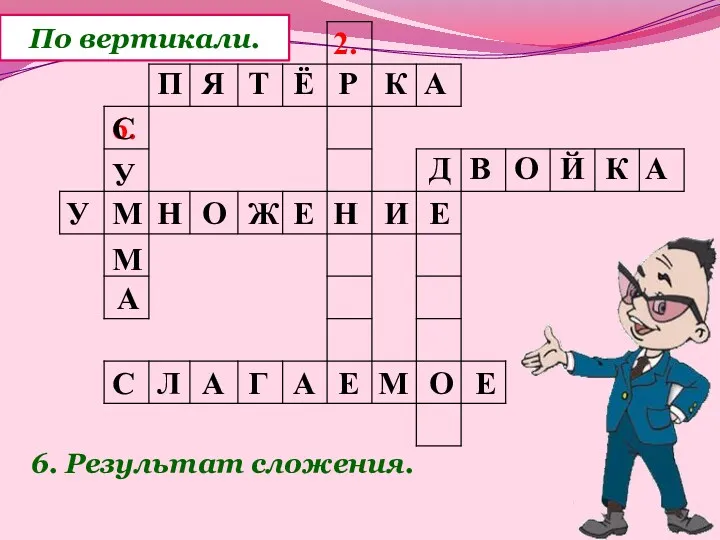 2. 6. По вертикали. 6. Результат сложения. П Я Т