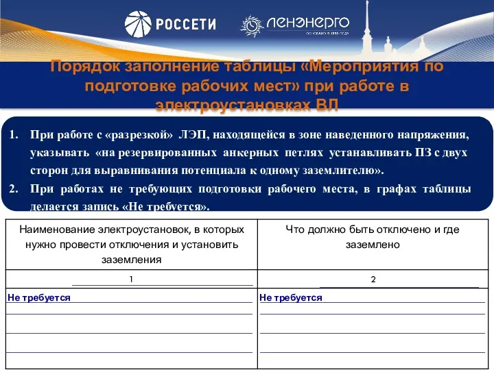 Порядок заполнение таблицы «Мероприятия по подготовке рабочих мест» при работе