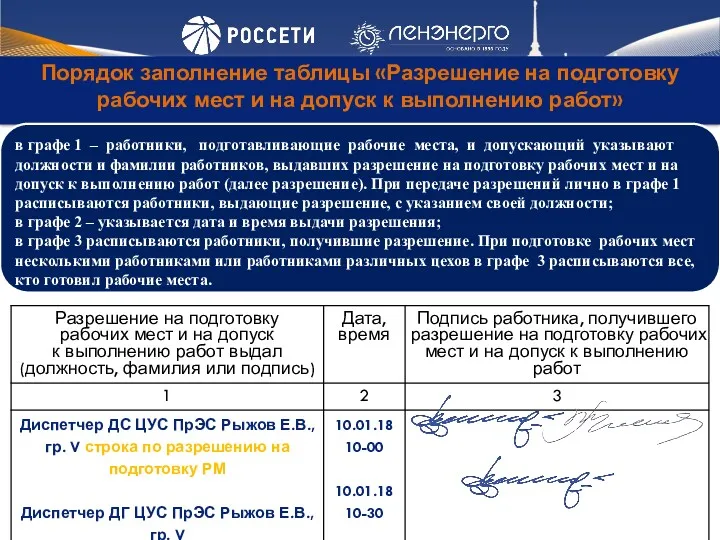 Порядок заполнение таблицы «Разрешение на подготовку рабочих мест и на допуск к выполнению работ»