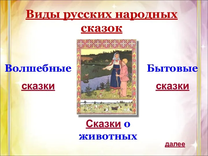 Виды русских народных сказок Волшебные сказки Сказки о животных Бытовые сказки далее