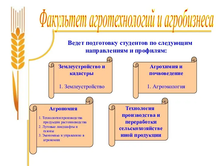 Факультет агротехнологий и агробизнеса Ведет подготовку студентов по следующим направлениям