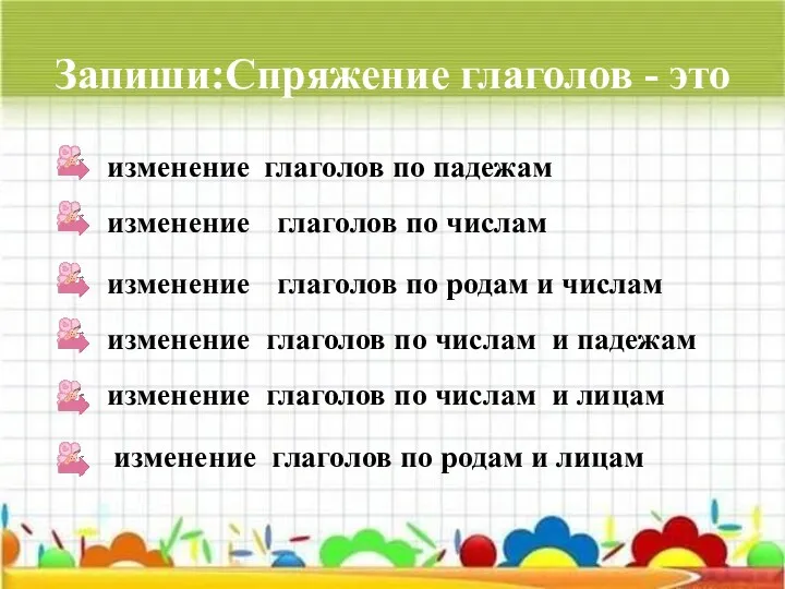 Запиши:Спряжение глаголов - это изменение глаголов по падежам изменение глаголов