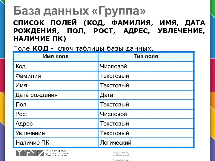 База данных «Группа» СПИСОК ПОЛЕЙ (КОД, ФАМИЛИЯ, ИМЯ, ДАТА РОЖДЕНИЯ,