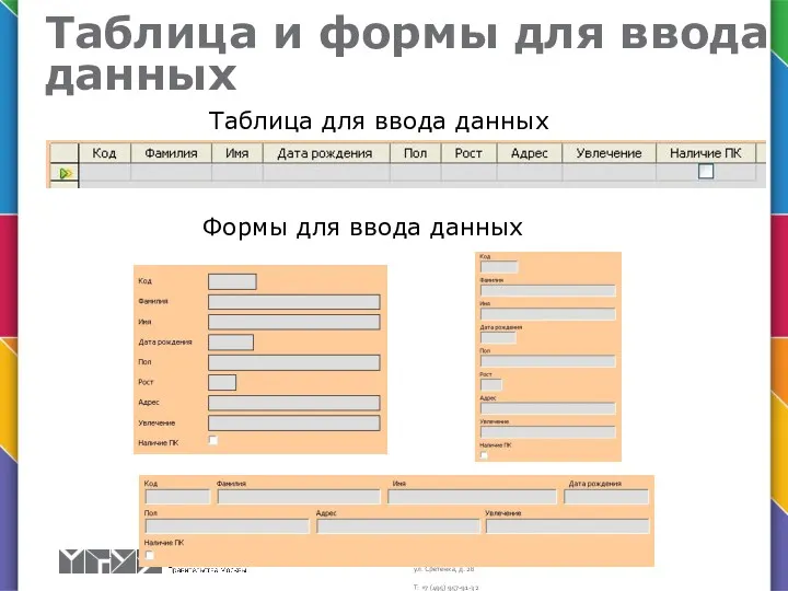 Таблица для ввода данных Формы для ввода данных Таблица и формы для ввода данных