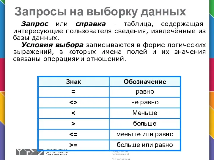 Запросы на выборку данных Запрос или справка - таблица, содержащая