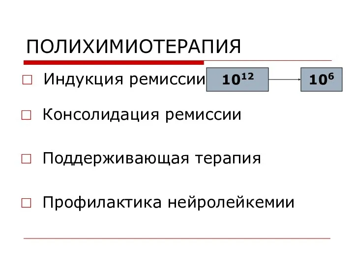 ПОЛИХИМИОТЕРАПИЯ Индукция ремиссии 1012 106 Консолидация ремиссии Поддерживающая терапия Профилактика нейролейкемии