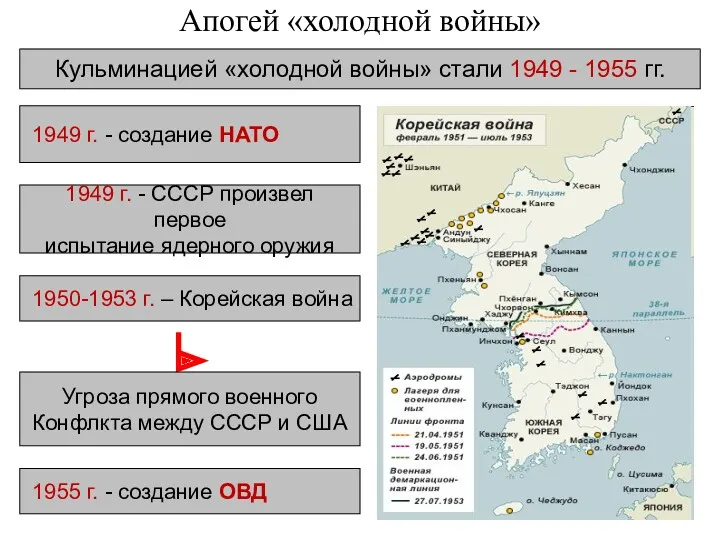 Апогей «холодной войны» Кульминацией «холодной войны» стали 1949 - 1955