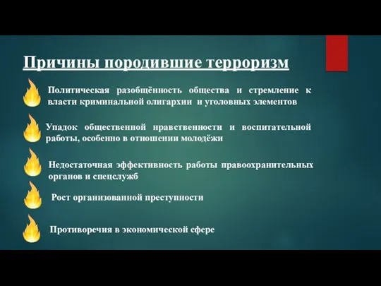 Причины породившие терроризм Политическая разобщённость общества и стремление к власти