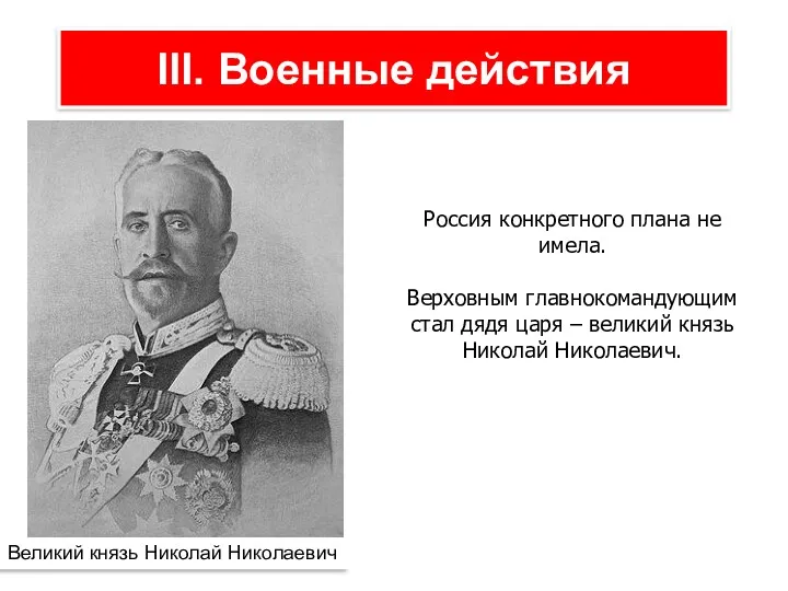 Великий князь Николай Николаевич Россия конкретного плана не имела. Верховным