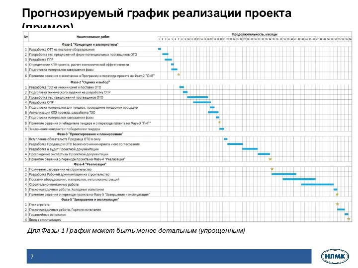 Прогнозируемый график реализации проекта (пример) Для Фазы-1 График может быть менее детальным (упрощенным)