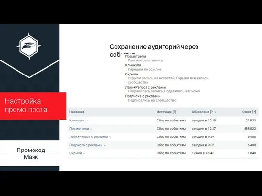 Настройка промо поста ty ty ty Сохранение аудиторий через события Промокод Маяк